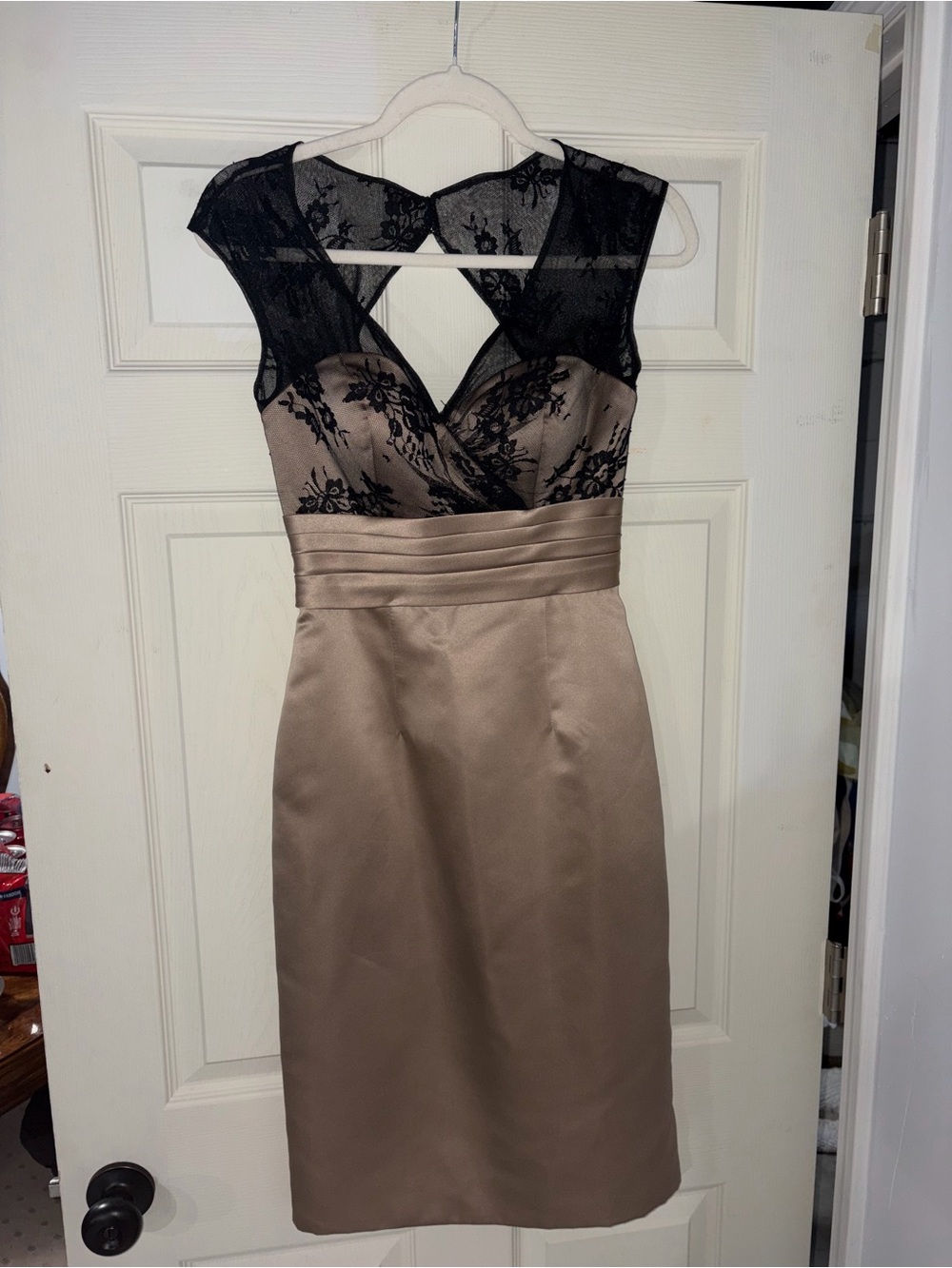 Sleeveless Taupe Satin Dress with Black Lace Bodice